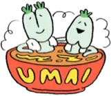 deux legumes dans un bol de soupe avec ecrit Umai dessus
